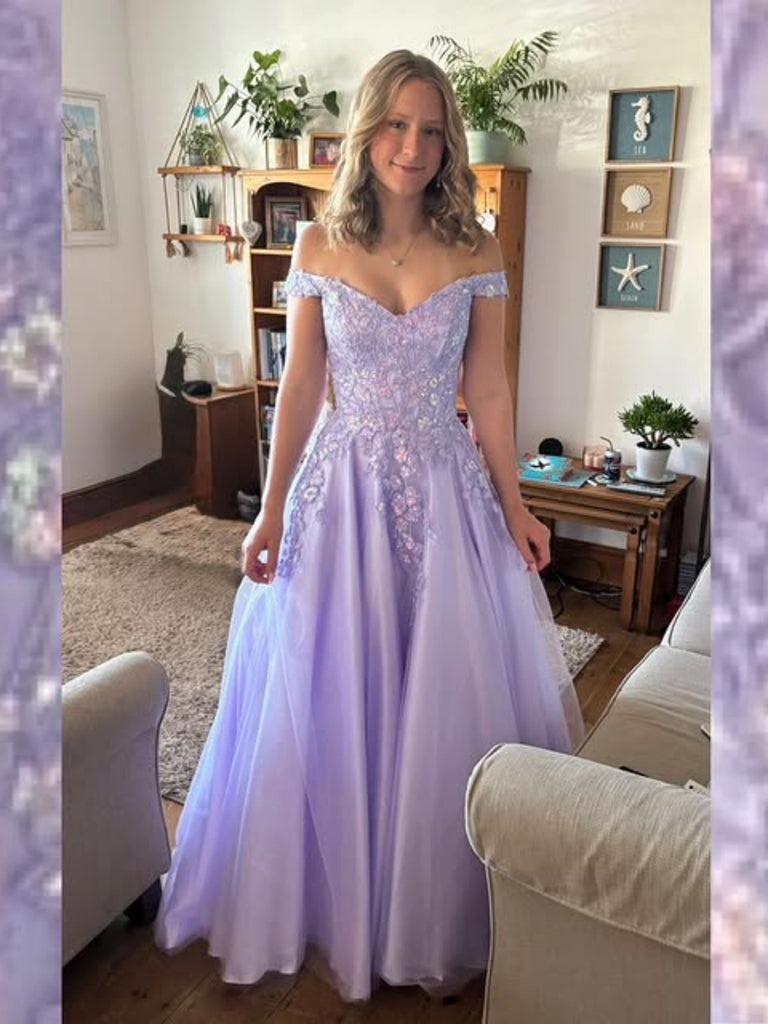 Off the Shoulder Lavender Lace Long Prom Dresses, Lavender Lace Formal Dresses, Lavender Evening Dresses SP3354
