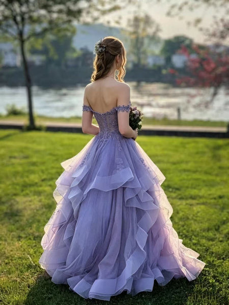 Off the Shoulder Lavender Lace Long Prom Dresses, Ruffle Tiered Formal Evening Gown SP3496