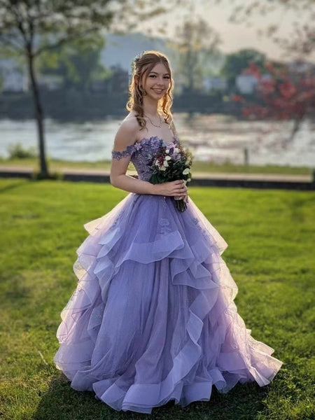 Off the Shoulder Lavender Lace Long Prom Dresses, Ruffle Tiered Formal Evening Gown SP3496