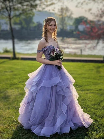Off the Shoulder Lavender Lace Long Prom Dresses, Ruffle Tiered Formal Evening Gown SP3496
