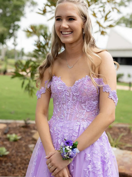 Off the Shoulder Lavender Lace Long Prom Dresses with High Slit, Lavender Lace Formal Dresses, Lilac Evening Dresses SP3256