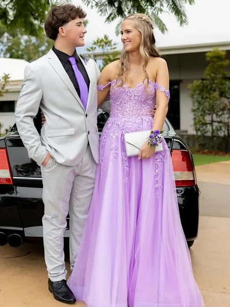 Off the Shoulder Lavender Lace Long Prom Dresses with High Slit, Lavender Lace Formal Dresses, Lilac Evening Dresses SP3256