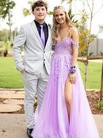 Off the Shoulder Lavender Lace Long Prom Dresses with High Slit, Lavender Lace Formal Dresses, Lilac Evening Dresses SP3256