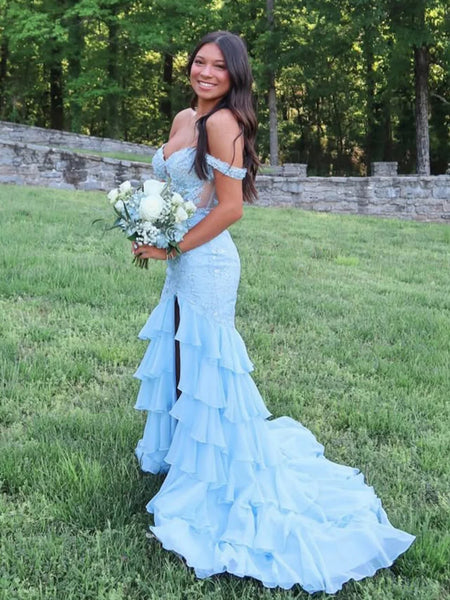 Off the Shoulder Light Blue Lace Long Prom Dresses with Slit, Light Blue Lace Formal Dresses, Off Shoulder Evening Dresses SP3272