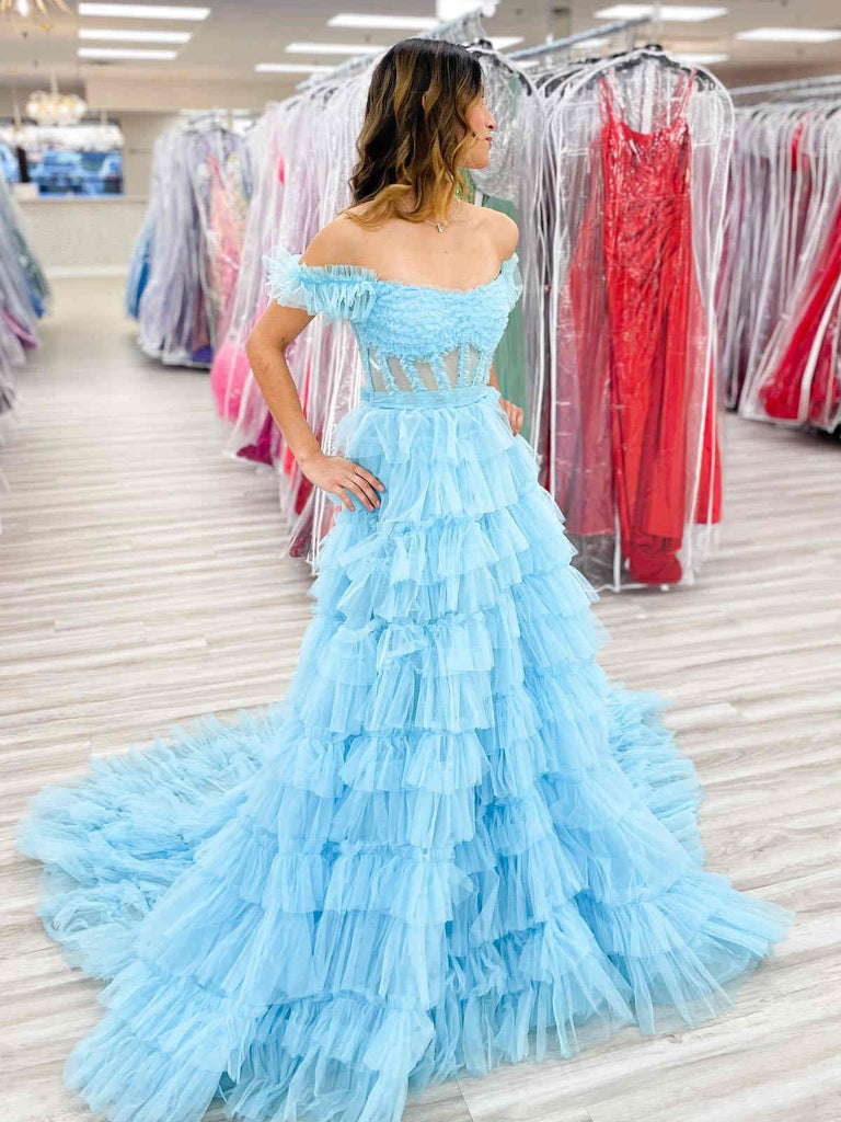 Off the Shoulder Light Blue Ruffle Tulle Long Prom Dresses, Off Should Shiny Party Off the Shoulder Light Blue Ruffle Tulle Long Prom Dresses, Off Should Shiny Party