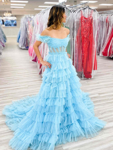 Off the Shoulder Light Blue Ruffle Tulle Long Prom Dresses, Off Shoulder Light Blue Formal Dresses, Light Blue Evening Dresses SP2851