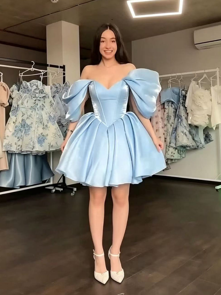 prom dresses off the shoulder A Line Split Sky Blue Satin Wedding Party Evening Dress Delicate spaghetti straps wrap around the shoulders and then lead to a V Off the Shoulder Light Blue