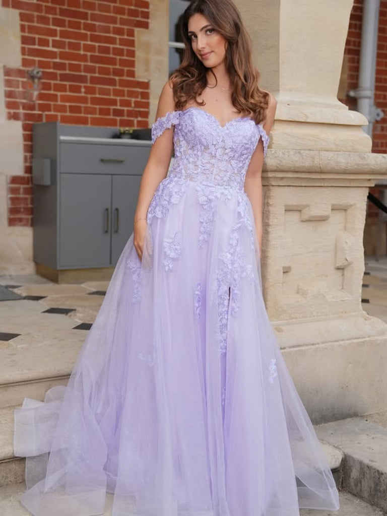 Off the Shoulder Lilac Lace Long Prom Dresses with Slit, Lilac Lace Formal Dresses, Lilac Evening Dresses SP3403