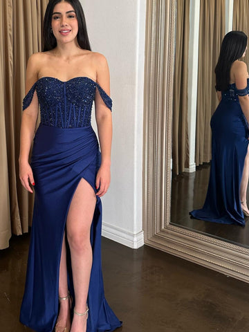 Off the Shoulder Mermaid Beaded Navy Blue Long Prom Dresses with Slit, Mermaid Navy Blue Formal Dresses, Navy Blue Evening Dresses SP3474