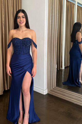 Off the Shoulder Mermaid Beaded Navy Blue Long Prom Dresses with Slit, Mermaid Navy Blue Formal Dresses, Navy Blue Evening Dresses SP3474