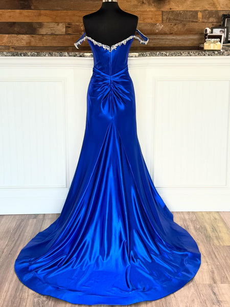 Off the Shoulder Mermaid Beaded Royal Blue Long Prom Dresses with High Slit, Mermaid Royal Blue Formal Graduation Evening Dresses SP3260