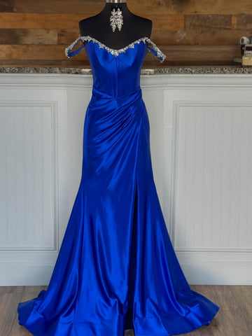 Off the Shoulder Mermaid Beaded Royal Blue Long Prom Dresses with High Slit, Mermaid Royal Blue Formal Graduation Evening Dresses SP3260