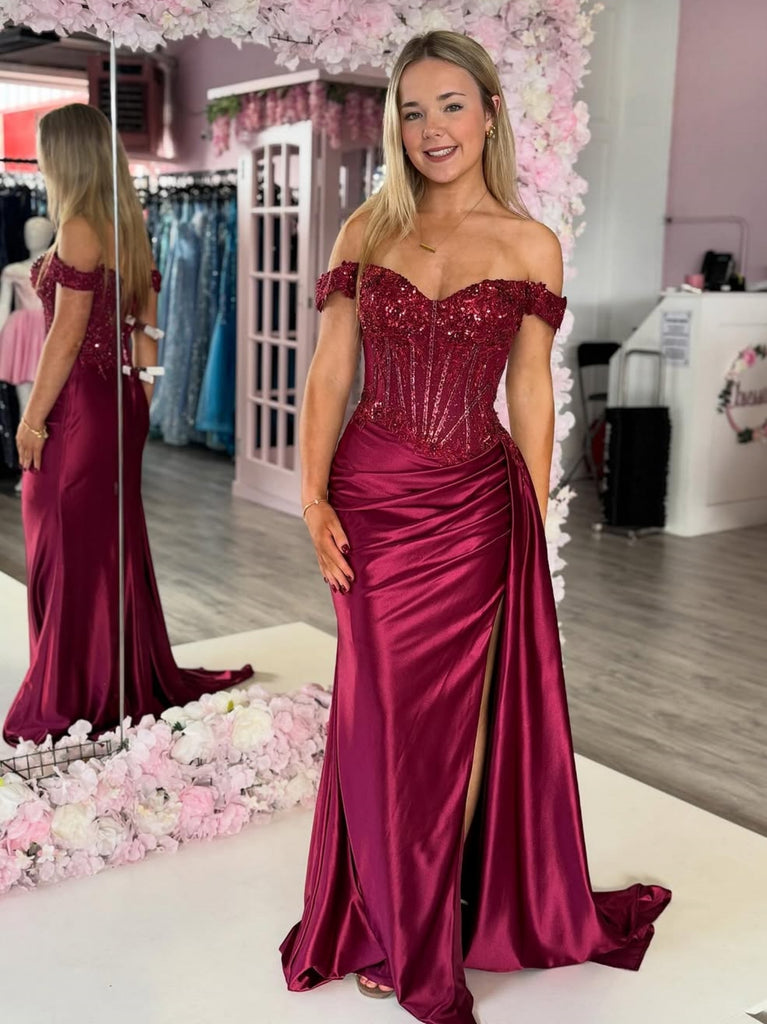 Off the Shoulder Mermaid Burgundy Lace Long Prom Dresses with Slit, Off Shoulder Burgundy Formal Dresses, Burgundy Lace Evening Dresses SP3301