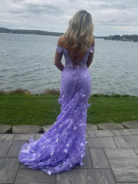 Off the Shoulder Mermaid Lilac Lace Floral Long Prom Dresses, High Slit Purple Lace Formal Graduation Evening Dresses with Flowers SP3094