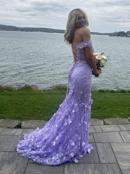 Off the Shoulder Mermaid Lilac Lace Floral Long Prom Dresses, High Slit Purple Lace Formal Graduation Evening Dresses with Flowers SP3094