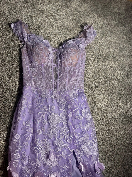 Off the Shoulder Mermaid Lilac Lace Floral Long Prom Dresses, High Slit Purple Lace Formal Graduation Evening Dresses with Flowers SP3094