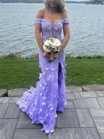 Off the Shoulder Mermaid Lilac Lace Floral Long Prom Dresses, High Slit Purple Lace Formal Graduation Evening Dresses with Flowers SP3094