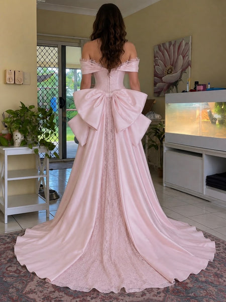 Off the Shoulder Mermaid Pink Lace Long Prom Dresses with Bow, Pink Lace Formal Graduation Evening Dresses