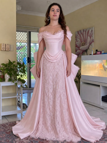 Off the Shoulder Mermaid Pink Lace Long Prom Dresses with Bow, Pink Lace Formal Graduation Evening Dresses