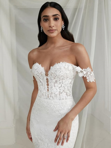 Off the Shoulder Mermaid White Lace Long Prom Dresses, Mermaid White Wedding Dresses, White Lace Formal Evening Dresses SP3399