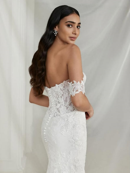 Off the Shoulder Mermaid White Lace Long Prom Dresses, Mermaid White Wedding Dresses, White Lace Formal Evening Dresses SP3399