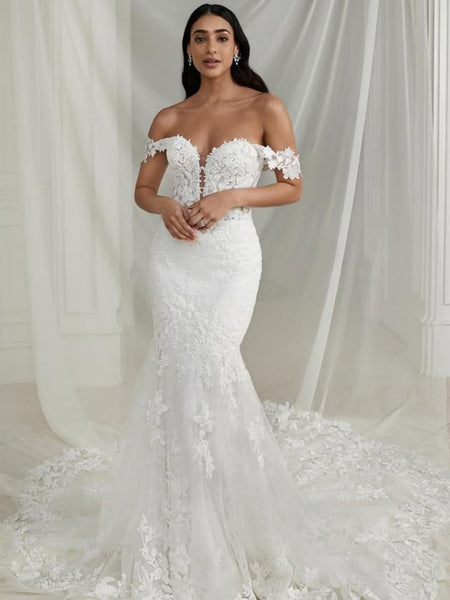 Off the Shoulder Mermaid White Lace Long Prom Dresses, Mermaid White Wedding Dresses, White Lace Formal Evening Dresses SP3399