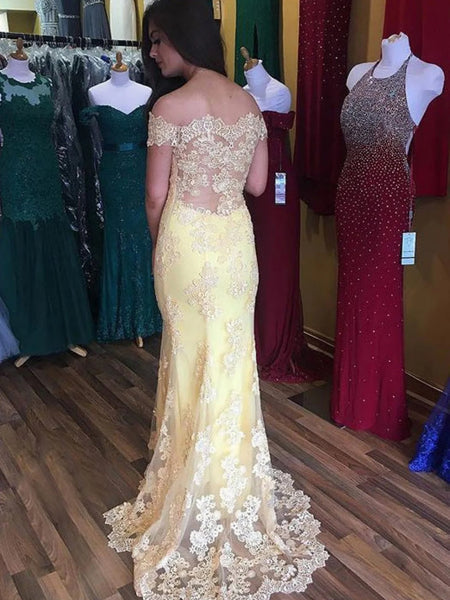 Off the Shoulder Mermaid Yellow Lace Long Prom Dresses, Yellow Lace Formal Dresses, Yellow Evening Dresses SP3284