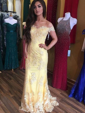 Off the Shoulder Mermaid Yellow Lace Long Prom Dresses, Yellow Lace Formal Dresses, Yellow Evening Dresses SP3284
