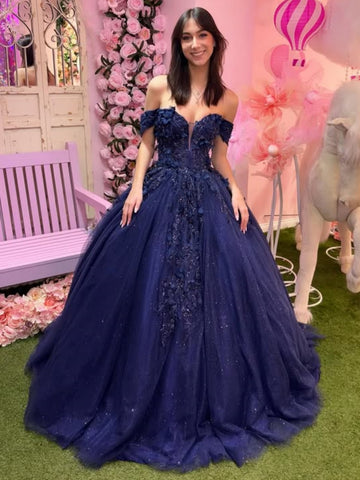 Off the Shoulder Navy Blue Lace Long Prom Dresses, Navy Blue Lace Formal Dresses, Navy Blue Evening Dresses SP3371