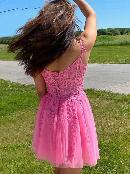 Off the Shoulder Pink/Black Lace Short Prom Dresses, Pink/Black Lace Homecoming Dresses, Lace Formal Evening Dresses SP3269