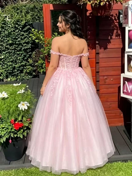 Off the Shoulder Pink Lace Long Prom Dresses, Pink Lace Formal Dresses, Off Shoulder Evening Dresses SP3485