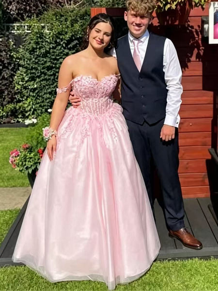Off the Shoulder Pink Lace Long Prom Dresses, Pink Lace Formal Dresses, Off Shoulder Evening Dresses SP3485