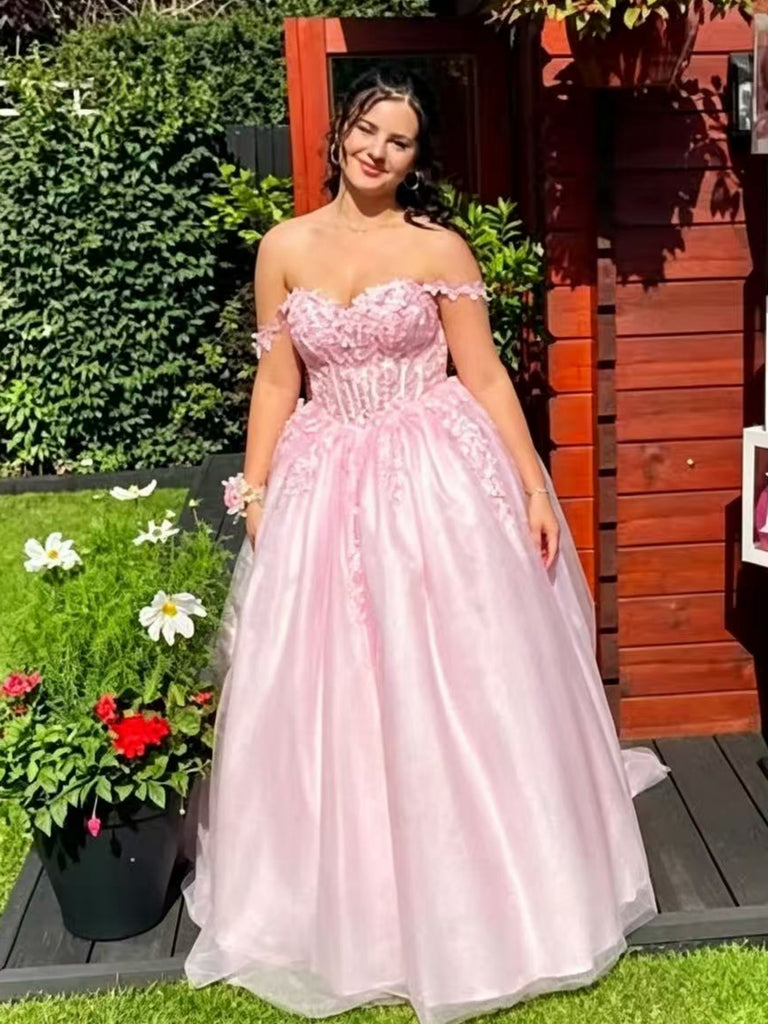 Off the Shoulder Pink Lace Long Prom Dresses, Pink Lace Formal Dresses, Off Shoulder Evening Dresses SP3485