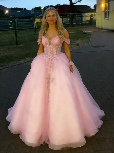 Off the Shoulder Pink Lace Long Prom Dresses, Pink Lace Formal Dresses, Off Shoulder Pink Evening Dresses SP3493