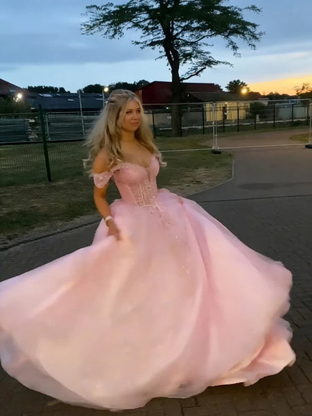 Off the Shoulder Pink Lace Long Prom Dresses, Pink Lace Formal Dresses, Off Shoulder Pink Evening Dresses SP3493