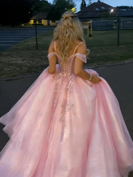 Off the Shoulder Pink Lace Long Prom Dresses, Pink Lace Formal Dresses, Off Shoulder Pink Evening Dresses SP3493