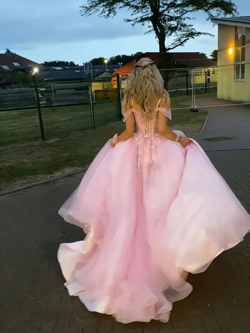 Off the Shoulder Pink Lace Long Prom Dresses, Pink Lace Formal Dresses, Off Shoulder Pink Evening Dresses SP3493