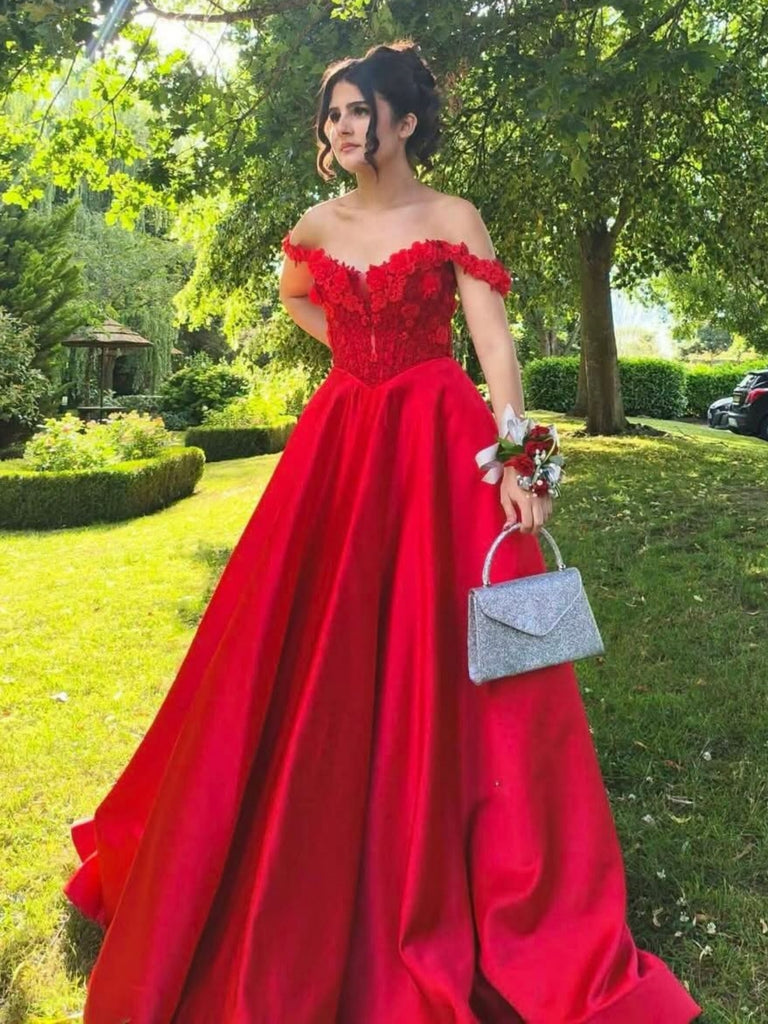 Off the Shoulder Red Lace Long Prom Dresses, Red Lace Formal Dresses, Off Shoulder Red Evening Dresses SP3491
