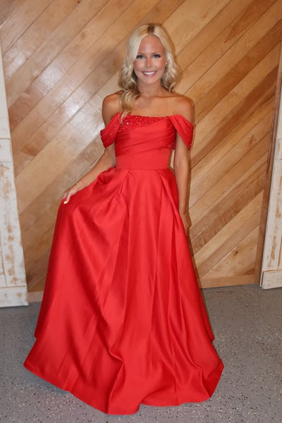 Off the Shoulder Red Satin Long Prom Dresses with Sequins, Off Shoulder Red Formal Dresses, Red Evening Dresses SP3363