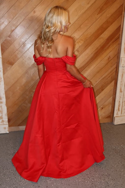 Off the Shoulder Red Satin Long Prom Dresses with Sequins, Off Shoulder Red Formal Dresses, Red Evening Dresses SP3363