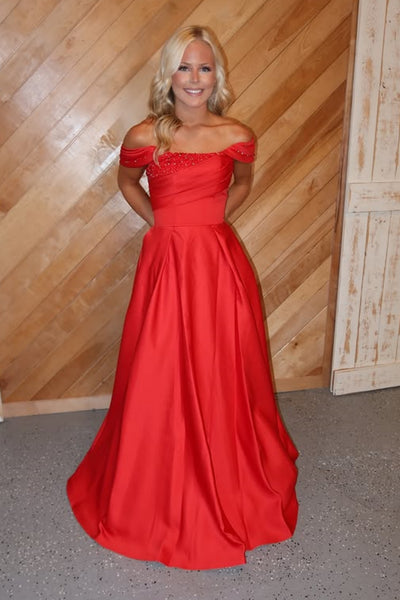 Off the Shoulder Red Satin Long Prom Dresses with Sequins, Off Shoulder Red Formal Dresses, Red Evening Dresses SP3363
