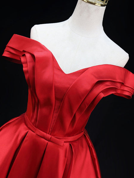 Off the Shoulder Red Satin Short Prom Dresses, Off Shoulder Red Homecoming Dresses SP3263