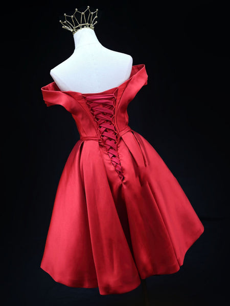 Off the Shoulder Red Satin Short Prom Dresses, Off Shoulder Red Homecoming Dresses SP3263