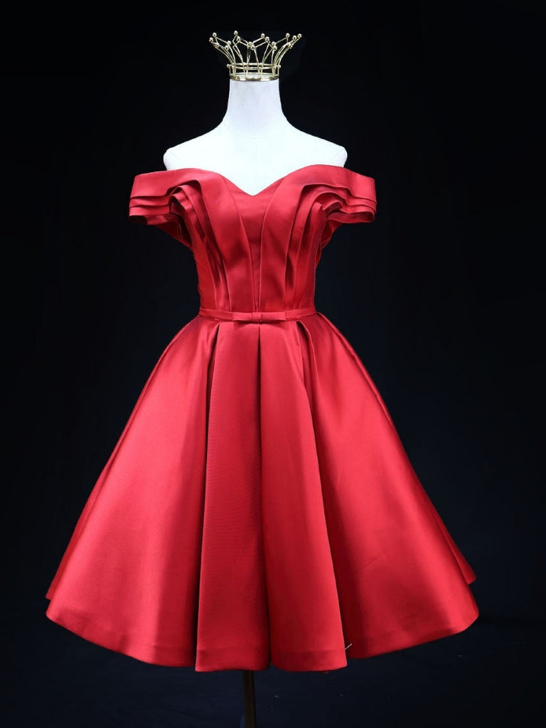 red satin short prom dress Red v neck satin short prom dress, red homecoming dress