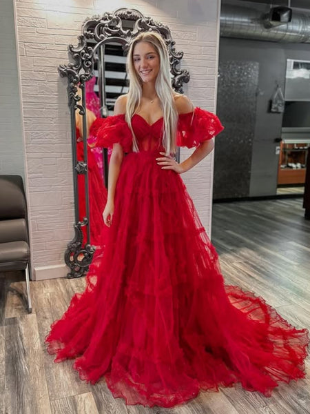 Off the Shoulder Red Tulle Long Prom Dresses, Red Formal Graduation Ev