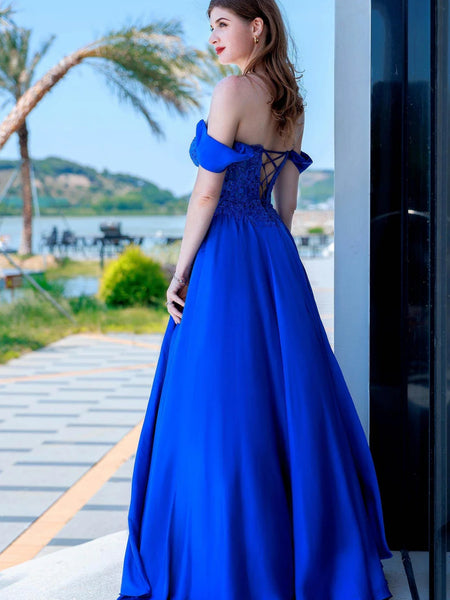 Off the Shoulder Royal Blue Lace Long Prom Dresses with Slit, Royal Blue Lace Formal Dresses, Blue Evening Dresses SP3285