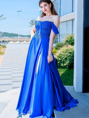 Off the Shoulder Royal Blue Lace Long Prom Dresses with Slit, Royal Blue Lace Formal Dresses, Blue Evening Dresses SP3285