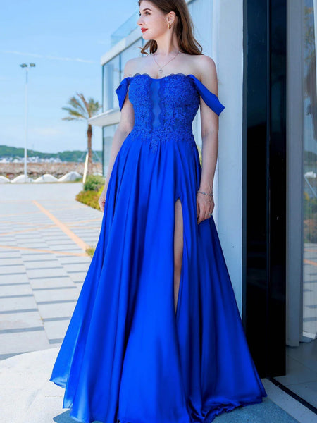 Off the Shoulder Royal Blue Lace Long Prom Dresses with Slit, Royal Blue Lace Formal Dresses, Blue Evening Dresses SP3285