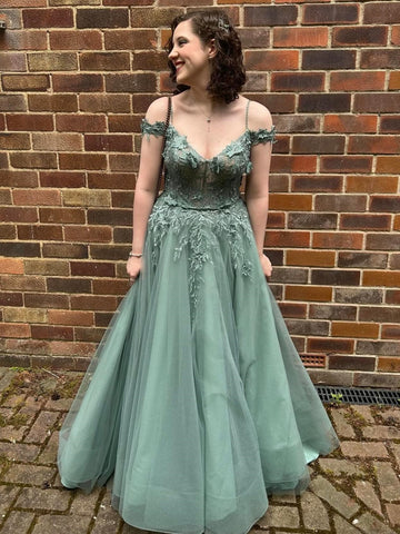 Off the Shoulder Sage Lace Long Prom Dresses, Sage Lace Formal Dresses, Off Shoulder Sage Tulle Evening Dresses SP3307