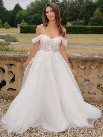 Off the Shoulder White Lace Long Prom Dresses, White Lace Formal Dresses, White Evening Dresses SP3409